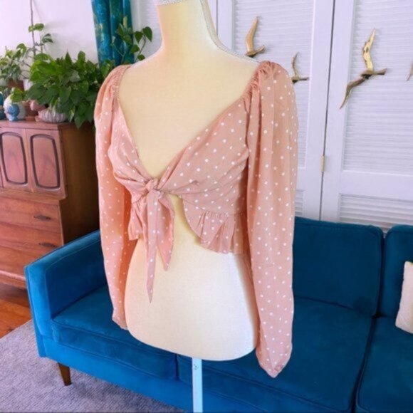 Cloud Ten Steph Long Sleeve Milkmaid Tie Front Crop Top Polka Dot Salmon Medium - Picture 5 of 12
